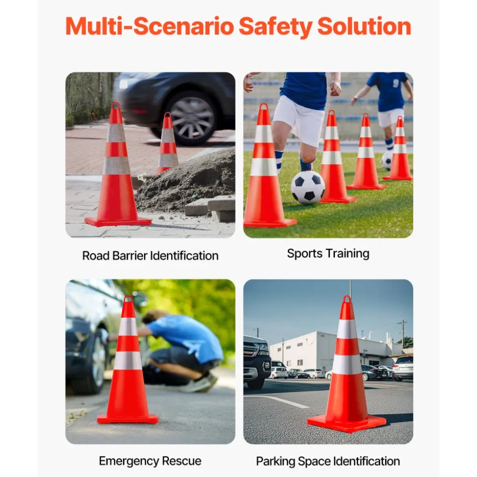 VEVOR Safety Cones, 10PCS 28" Traffic Cones, PVC Orange Construction Cones, 2 Reflective Collars Traffic Cones with Weighted Base and Hand-Held Ring Used for Traffic Control, Driveway Road Parking