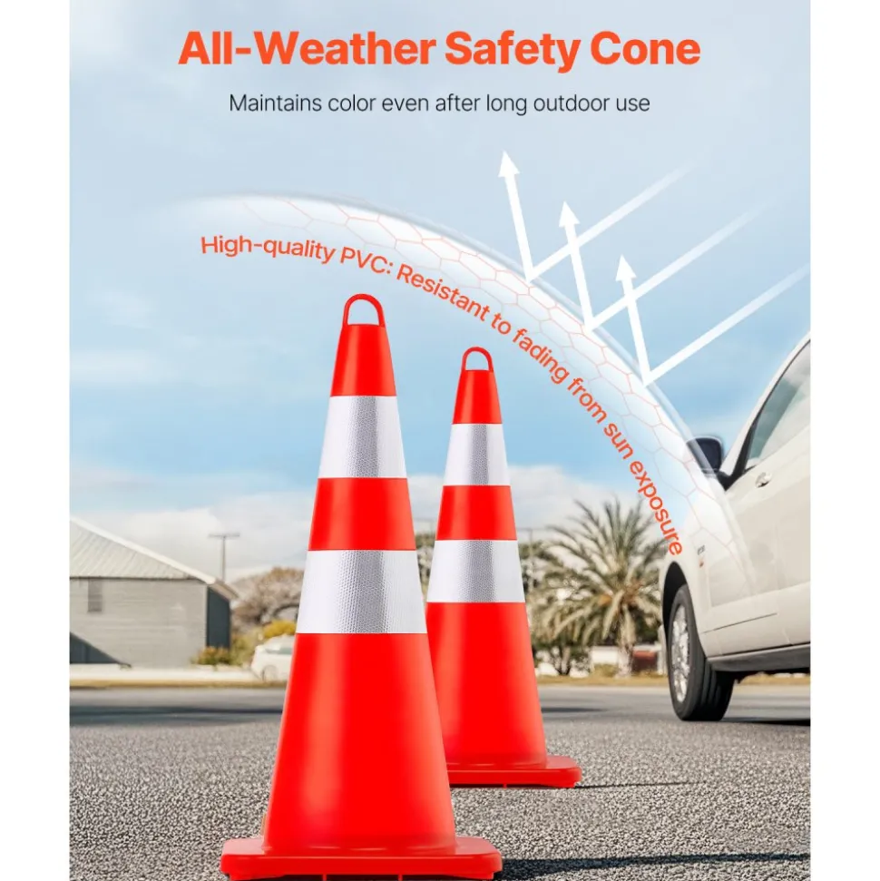 VEVOR Safety Cones, 10PCS 28" Traffic Cones, PVC Orange Construction Cones, 2 Reflective Collars Traffic Cones with Weighted Base and Hand-Held Ring Used for Traffic Control, Driveway Road Parking