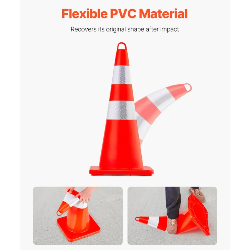 VEVOR Safety Cones, 12 x 28" Traffic Cones, PVC Orange Construction Cones, 2 Reflective Collars Traffic Cones with Weighted Base and Hand-Held Ring Used for Traffic Control, Driveway Road Parking