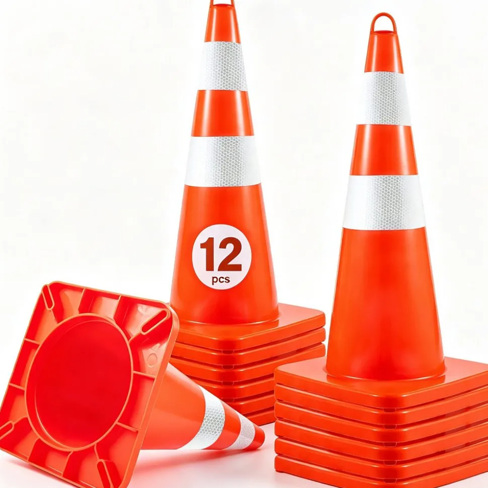 VEVOR Safety Cones, 12 x 28" Traffic Cones, PVC Orange Construction Cones, 2 Reflective Collars Traffic Cones with Weighted Base and Hand-Held Ring Used for Traffic Control, Driveway Road Parking