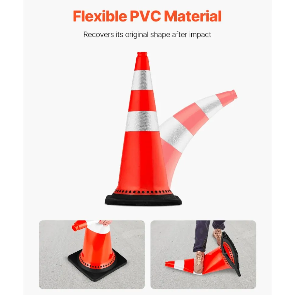 VEVOR Safety Cones, 8 x 30" Traffic Cones, PVC Orange Construction Cones, Reflective Collars Traffic Cones with Black Weighted Base Used for Traffic Control, Driveway Road Parking and School Improvem