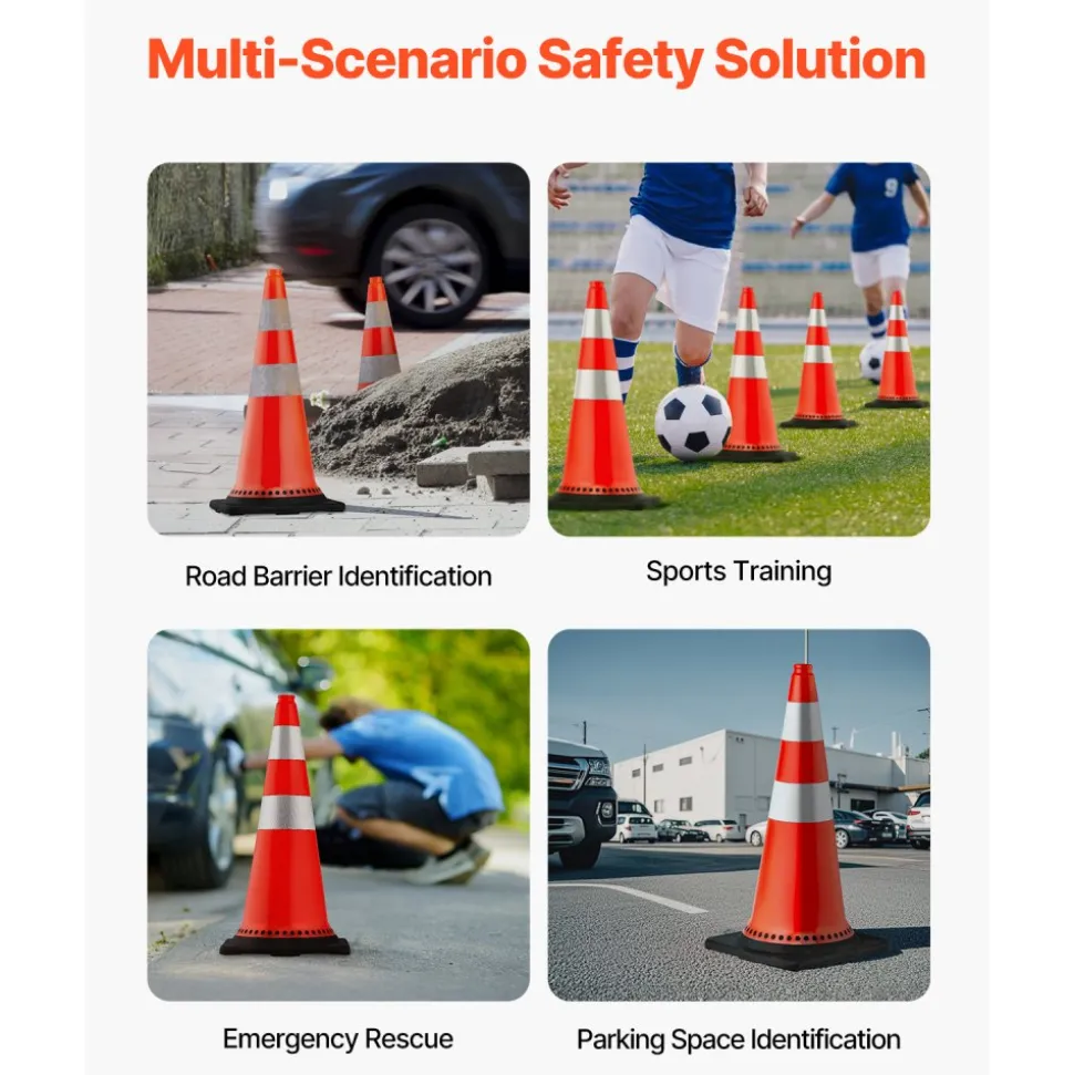 VEVOR Safety Cones, 8 x 30" Traffic Cones, PVC Orange Construction Cones, Reflective Collars Traffic Cones with Black Weighted Base Used for Traffic Control, Driveway Road Parking and School Improvem