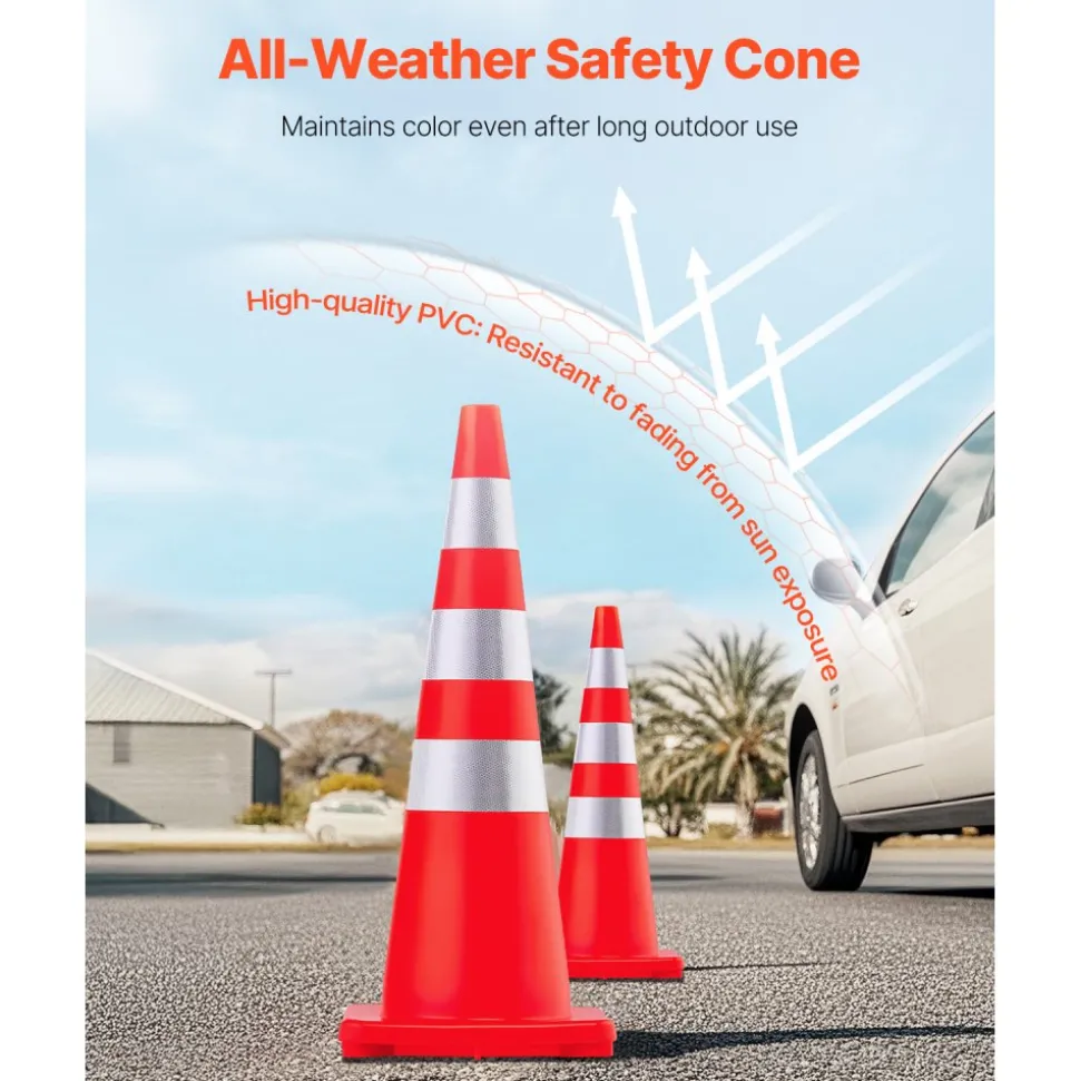 VEVOR Safety Cones, 6 x 36" Traffic Cones, PVC Orange Construction Cones, Reflective Collars Traffic Cones with Weighted Base Used for Traffic Control, Driveway Road Parking and School Improvement