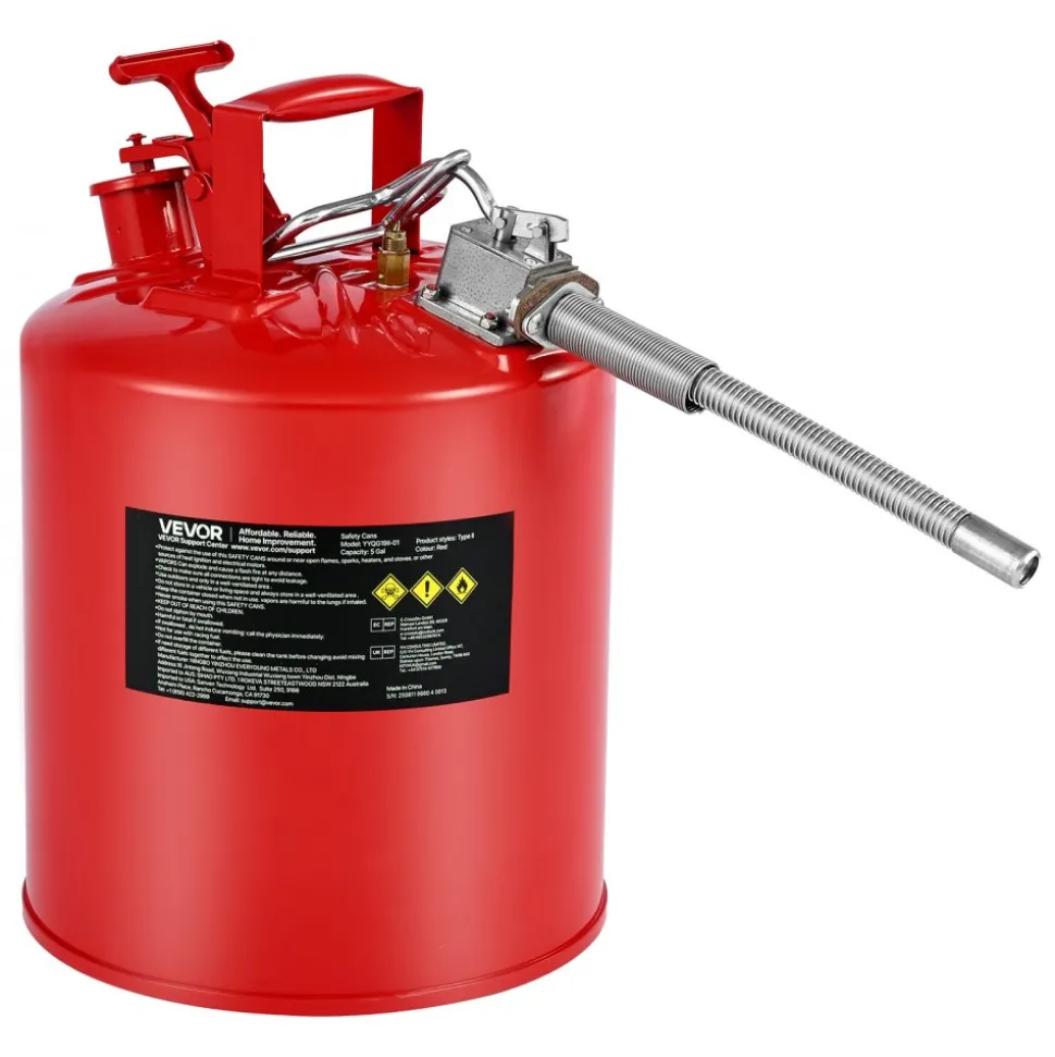 VEVOR Safety Gas Can, 5 Gallon Type II Red Safety Can for Gasoline with Stainless Steel Flame Arrester, Self-Closing Lid & Flexible Metal Spout, Carbon Steel Flammable Storage with Ergonomic Handle