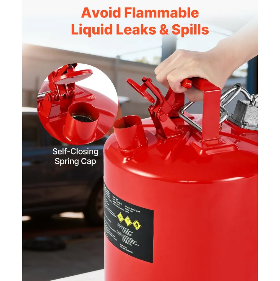 VEVOR Safety Gas Can, 5 Gallon Type II Red Safety Can for Gasoline with Stainless Steel Flame Arrester, Self-Closing Lid & Flexible Metal Spout, Carbon Steel Flammable Storage with Ergonomic Handle