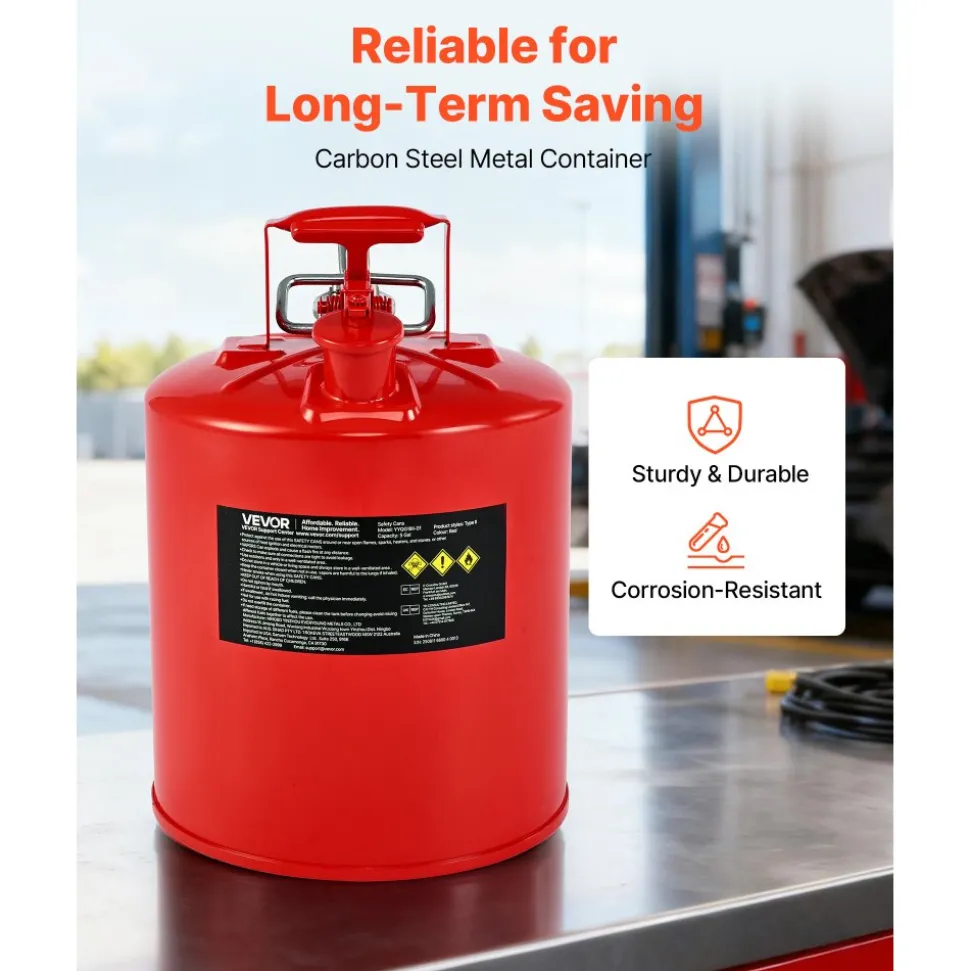 VEVOR Safety Gas Can, 5 Gallon Type II Red Safety Can for Gasoline with Stainless Steel Flame Arrester, Self-Closing Lid & Flexible Metal Spout, Carbon Steel Flammable Storage with Ergonomic Handle