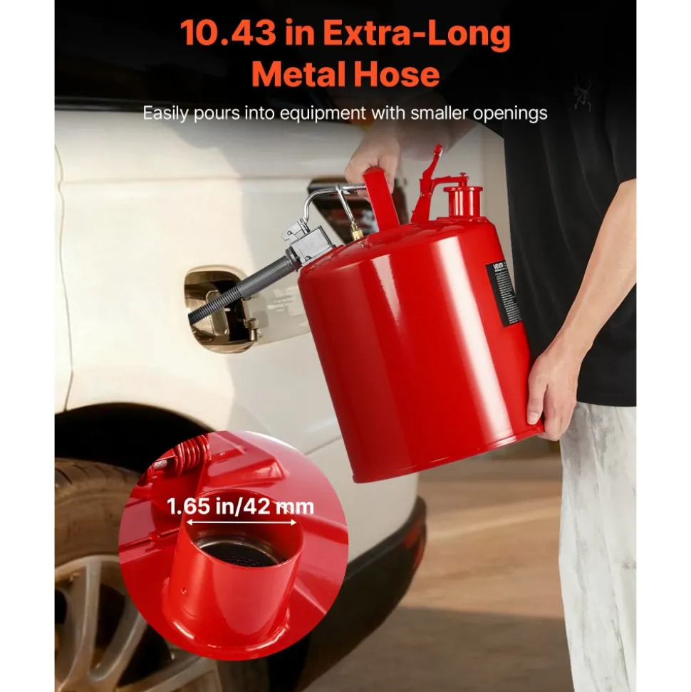 VEVOR Safety Gas Can, 5 Gallon Type II Red Safety Can for Gasoline with Stainless Steel Flame Arrester, Self-Closing Lid & Flexible Metal Spout, Carbon Steel Flammable Storage with Ergonomic Handle