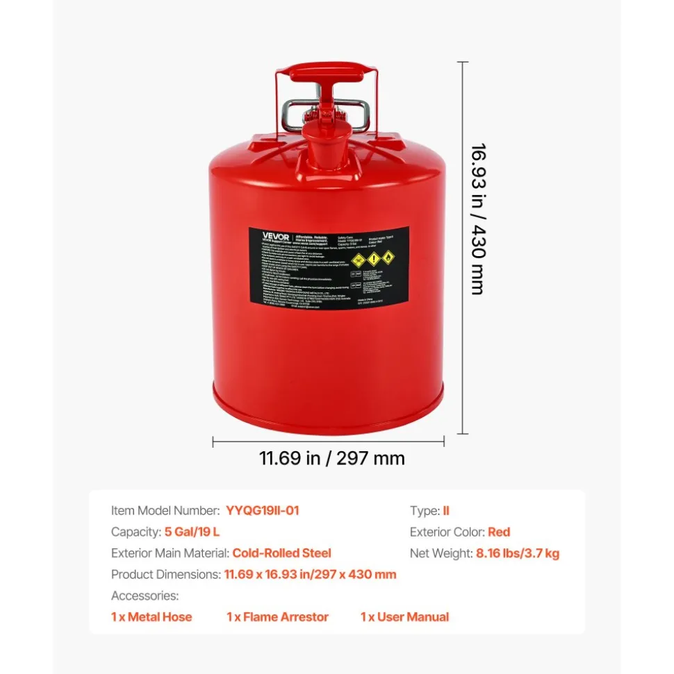 VEVOR Safety Gas Can, 5 Gallon Type II Red Safety Can for Gasoline with Stainless Steel Flame Arrester, Self-Closing Lid & Flexible Metal Spout, Carbon Steel Flammable Storage with Ergonomic Handle