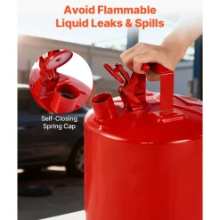 VEVOR Safety Gas Can, 5 Gallon Type I Red Safety Can for Gasoline with Stainless Steel Flame Arrester, Self-Closing Lid, and PE Funnel, Carbon Steel Flammable Storage Container with Ergonomic Handle