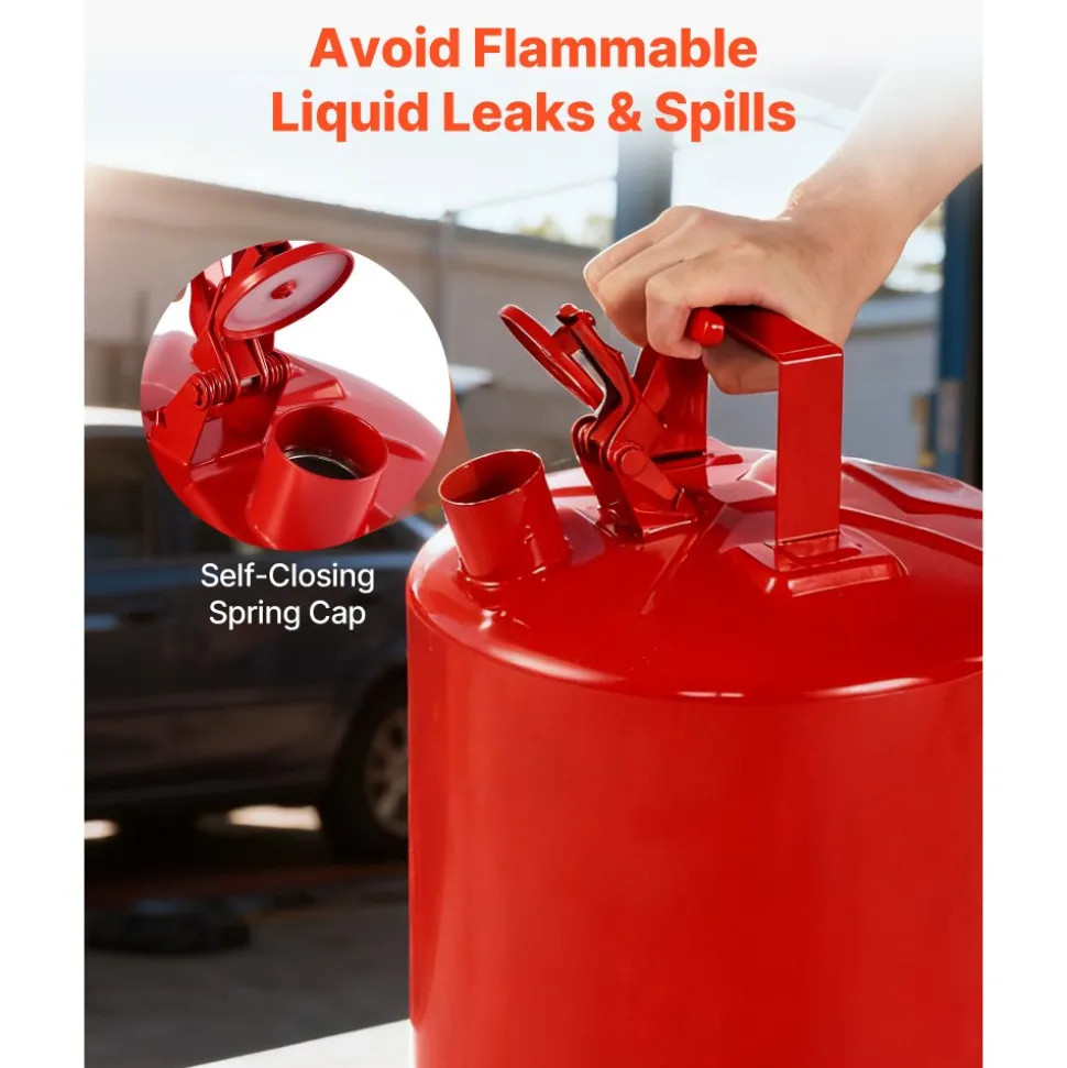 VEVOR Safety Gas Can, 5 Gallon Type I Red Safety Can for Gasoline with Stainless Steel Flame Arrester, Self-Closing Lid, and PE Funnel, Carbon Steel Flammable Storage Container with Ergonomic Handle