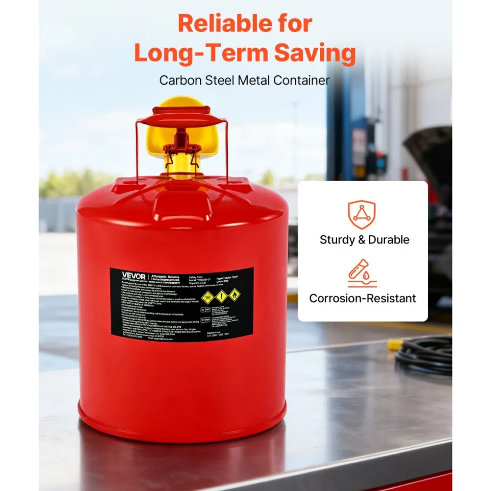 VEVOR Safety Gas Can, 5 Gallon Type I Red Safety Can for Gasoline with Stainless Steel Flame Arrester, Self-Closing Lid, and PE Funnel, Carbon Steel Flammable Storage Container with Ergonomic Handle