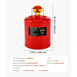 VEVOR Safety Gas Can, 5 Gallon Type I Red Safety Can for Gasoline with Stainless Steel Flame Arrester, Self-Closing Lid, and PE Funnel, Carbon Steel Flammable Storage Container with Ergonomic Handle