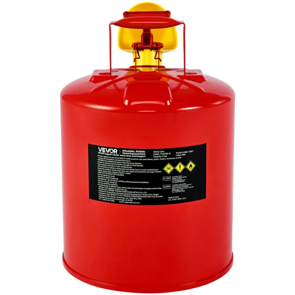 VEVOR Safety Gas Can, 5 Gallon Type I Red Safety Can for Gasoline with Stainless Steel Flame Arrester, Self-Closing Lid, and PE Funnel, Carbon Steel Flammable Storage Container with Ergonomic Handle