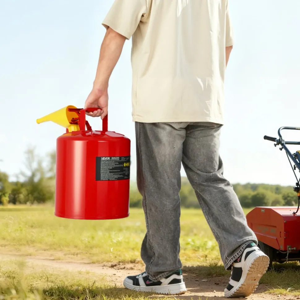 VEVOR Safety Gas Can, 5 Gallon Type I Red Safety Can for Gasoline with Stainless Steel Flame Arrester, Self-Closing Lid, and PE Funnel, Carbon Steel Flammable Storage Container with Ergonomic Handle