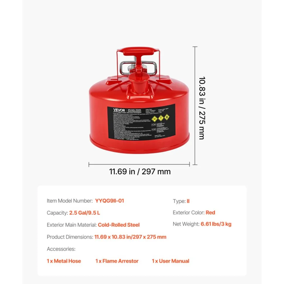 VEVOR Safety Gas Can, 2.5 Gallon Type II Red Safety Can for Gasoline with Stainless Steel Flame Arrester, Self-Closing Lid & Flexible Metal Spout, Carbon Steel Flammable Storage with Ergonomic Handle