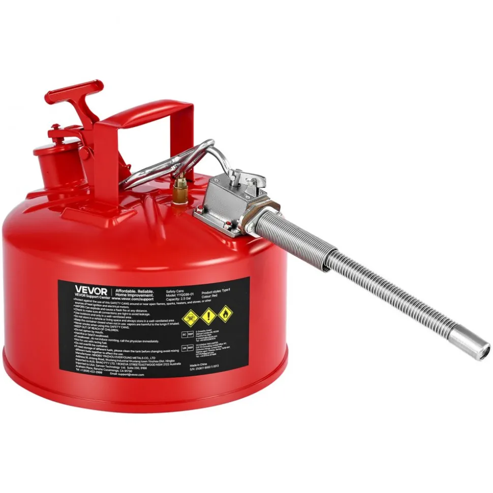 VEVOR Safety Gas Can, 2.5 Gallon Type II Red Safety Can for Gasoline with Stainless Steel Flame Arrester, Self-Closing Lid & Flexible Metal Spout, Carbon Steel Flammable Storage with Ergonomic Handle
