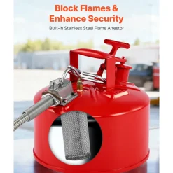 VEVOR Safety Gas Can, 2.5 Gallon Type II Red Safety Can for Gasoline with Stainless Steel Flame Arrester, Self-Closing Lid & Flexible Metal Spout, Carbon Steel Flammable Storage with Ergonomic Handle