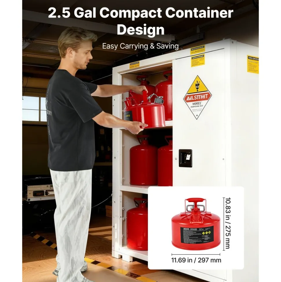 VEVOR Safety Gas Can, 2.5 Gallon Type II Red Safety Can for Gasoline with Stainless Steel Flame Arrester, Self-Closing Lid & Flexible Metal Spout, Carbon Steel Flammable Storage with Ergonomic Handle
