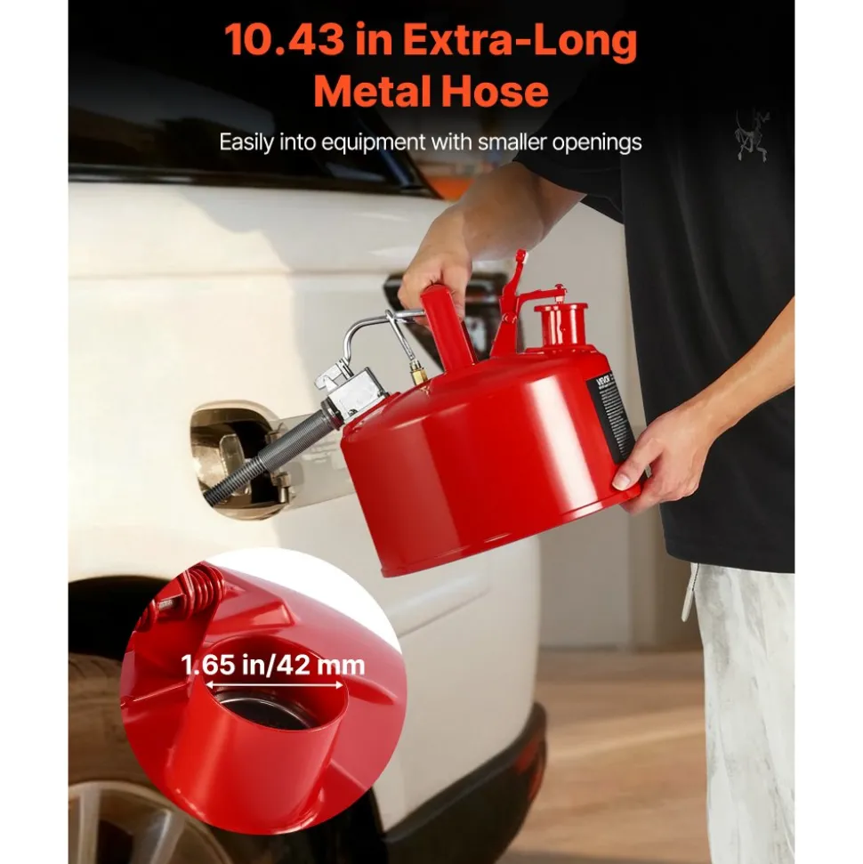 VEVOR Safety Gas Can, 2.5 Gallon Type II Red Safety Can for Gasoline with Stainless Steel Flame Arrester, Self-Closing Lid & Flexible Metal Spout, Carbon Steel Flammable Storage with Ergonomic Handle
