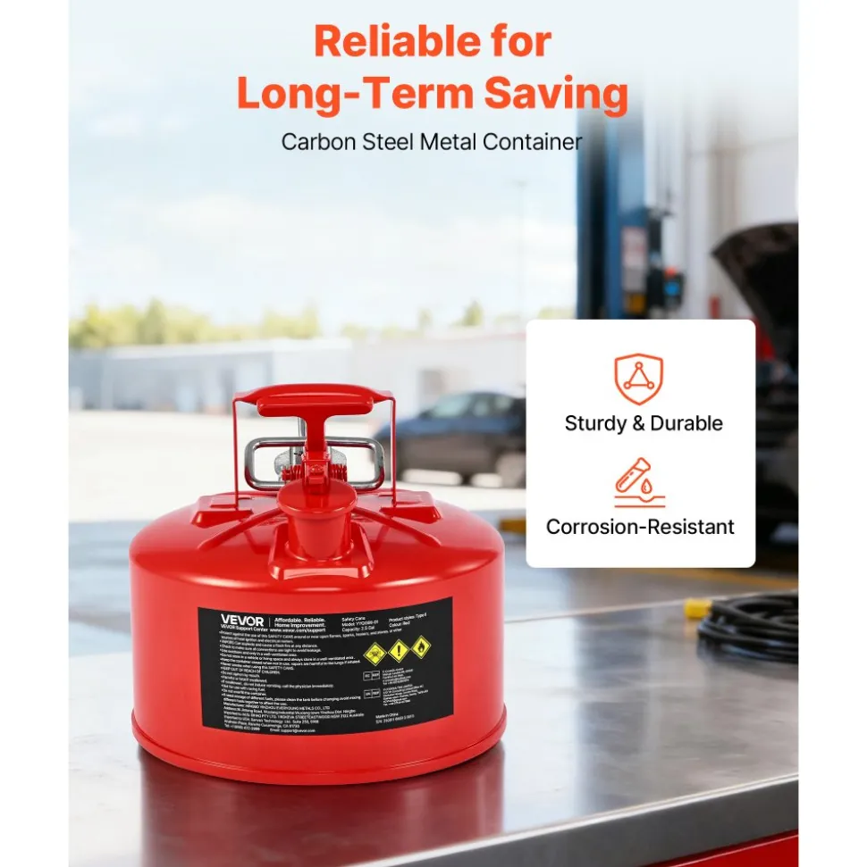 VEVOR Safety Gas Can, 2.5 Gallon Type II Red Safety Can for Gasoline with Stainless Steel Flame Arrester, Self-Closing Lid & Flexible Metal Spout, Carbon Steel Flammable Storage with Ergonomic Handle
