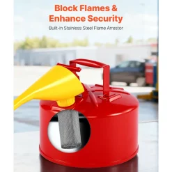 VEVOR Safety Gas Can, 2.5 Gallon Type I Red Safety Can for Gasoline with Stainless Steel Flame Arrester, Self-Closing Lid, and PE Funnel, Carbon Steel Flammable Storage Container with Ergonomic Handle