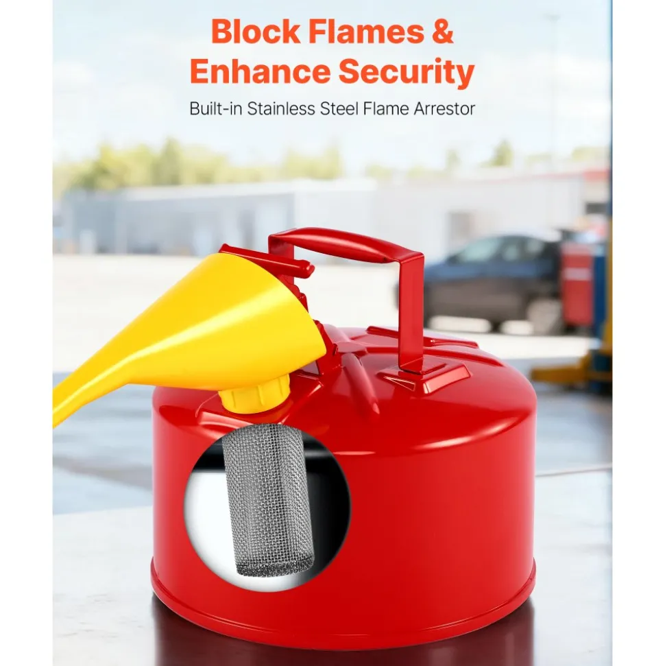 VEVOR Safety Gas Can, 2.5 Gallon Type I Red Safety Can for Gasoline with Stainless Steel Flame Arrester, Self-Closing Lid, and PE Funnel, Carbon Steel Flammable Storage Container with Ergonomic Handle