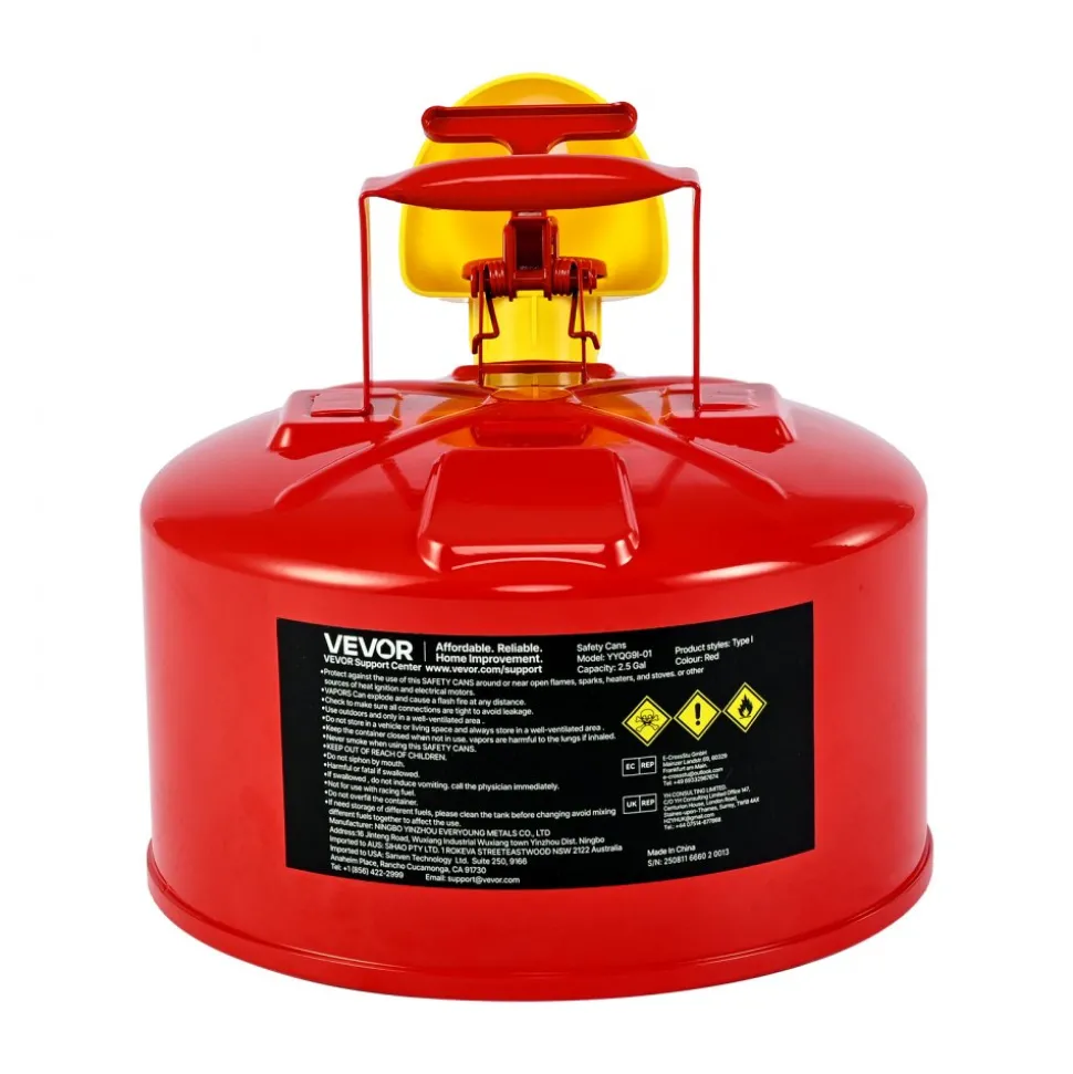 VEVOR Safety Gas Can, 2.5 Gallon Type I Red Safety Can for Gasoline with Stainless Steel Flame Arrester, Self-Closing Lid, and PE Funnel, Carbon Steel Flammable Storage Container with Ergonomic Handle