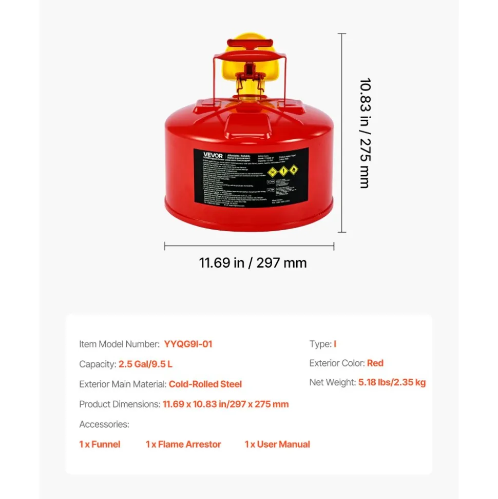 VEVOR Safety Gas Can, 2.5 Gallon Type I Red Safety Can for Gasoline with Stainless Steel Flame Arrester, Self-Closing Lid, and PE Funnel, Carbon Steel Flammable Storage Container with Ergonomic Handle