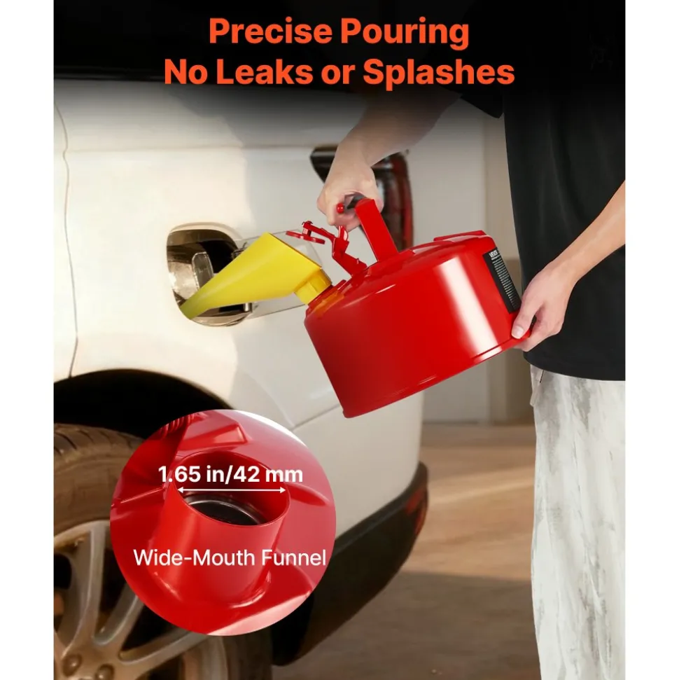 VEVOR Safety Gas Can, 2.5 Gallon Type I Red Safety Can for Gasoline with Stainless Steel Flame Arrester, Self-Closing Lid, and PE Funnel, Carbon Steel Flammable Storage Container with Ergonomic Handle