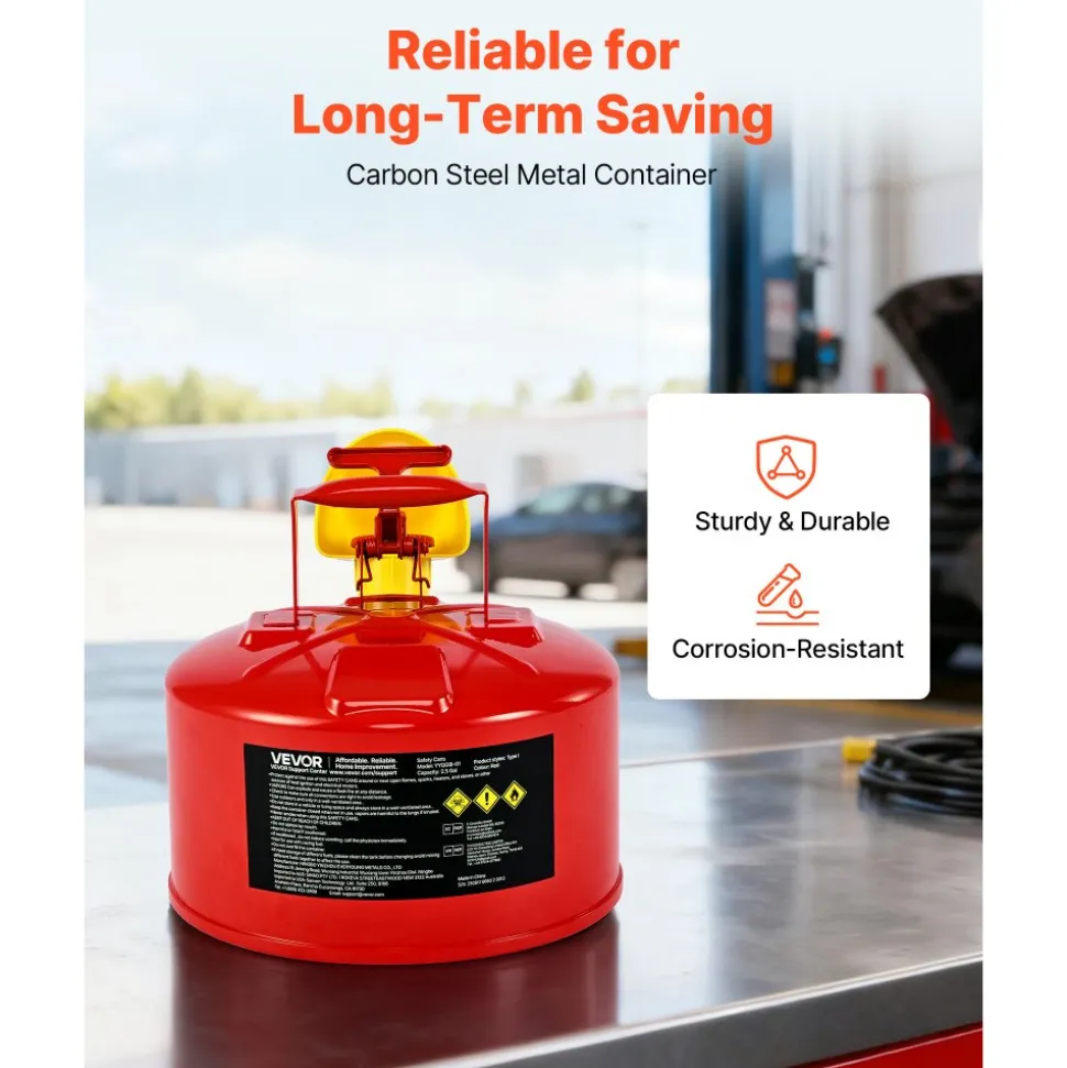 VEVOR Safety Gas Can, 2.5 Gallon Type I Red Safety Can for Gasoline with Stainless Steel Flame Arrester, Self-Closing Lid, and PE Funnel, Carbon Steel Flammable Storage Container with Ergonomic Handle