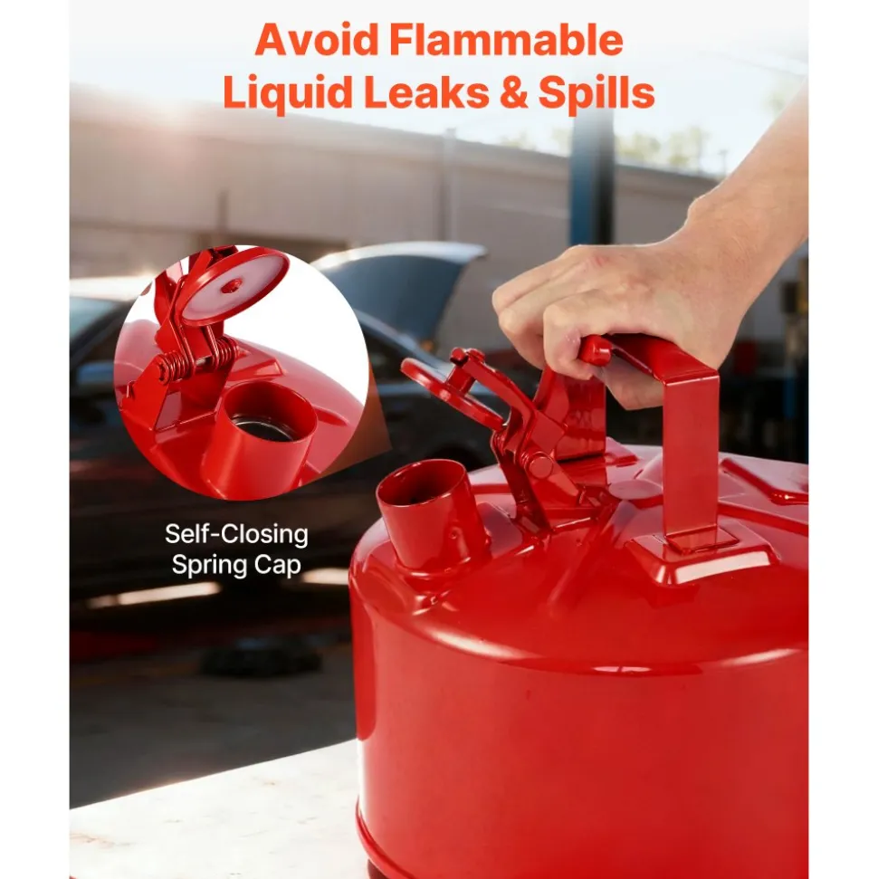VEVOR Safety Gas Can, 2.5 Gallon Type I Red Safety Can for Gasoline with Stainless Steel Flame Arrester, Self-Closing Lid, and PE Funnel, Carbon Steel Flammable Storage Container with Ergonomic Handle
