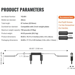 VEVOR Safety Squat Bar, 700 LBS Fitness Squat  Bar, Safety Squat Bar Attachment with Shoulder and Arm Pads, 28mm Diameter Weight Bar, Ideal for Front Squats, Lunges, Rehab, Physical Therapy