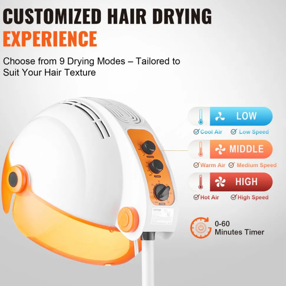 VEVOR Salon-Grade Hair Dryer, 1875W Powerful Stand Dryer, Adjustable Timer & 3 Heat/Speed Options, Mobile Base with Wheels for Salon & Home Use