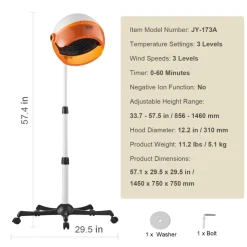 VEVOR Salon-Grade Hair Dryer, 1875W Powerful Stand Dryer, Adjustable Timer & 3 Heat/Speed Options, Mobile Base with Wheels for Salon & Home Use