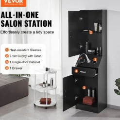 VEVOR Salon Organizer, Station Unit for Hair Professionals, Equipped with 3 Holders for Hair Dryers, Storage Spaces, and a Single Drawer, in Black
