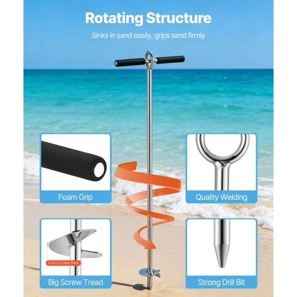 VEVOR Sand Anchor, 36 in Stainless Steel Beach Anchor, Screw in Sand Boat Anchors with Spiral Blade, Shallow Water Boat Auger Anchors, for Securing Jet Ski PWC Pontoon Kayak on Beaches and Sandbars