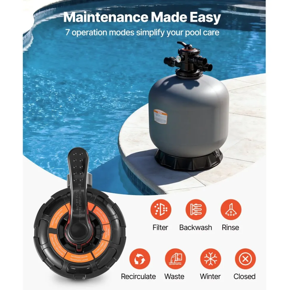 VEVOR Sand Filter, 24-Inch, 65 GPM Above Inground Swimming Pool Sand Filter System, with 7-Way Multi-Port Valve, Backwash, Rinse, Recirculate, Waste, Winter, Closed Modes, for Above In Ground Pools