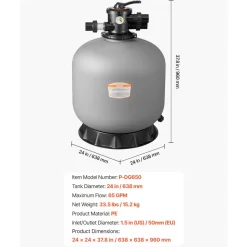 VEVOR Sand Filter, 24-Inch, 65 GPM Above Inground Swimming Pool Sand Filter System, with 7-Way Multi-Port Valve, Backwash, Rinse, Recirculate, Waste, Winter, Closed Modes, for Above In Ground Pools