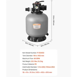 VEVOR Sand Filter, 18-Inch, 40 GPM Above Inground Swimming Pool Sand Filter System, with 7-Way Multi-Port Valve, Backwash, Rinse, Recirculate, Waste, Winter, Closed Modes, for Above In Ground Pools