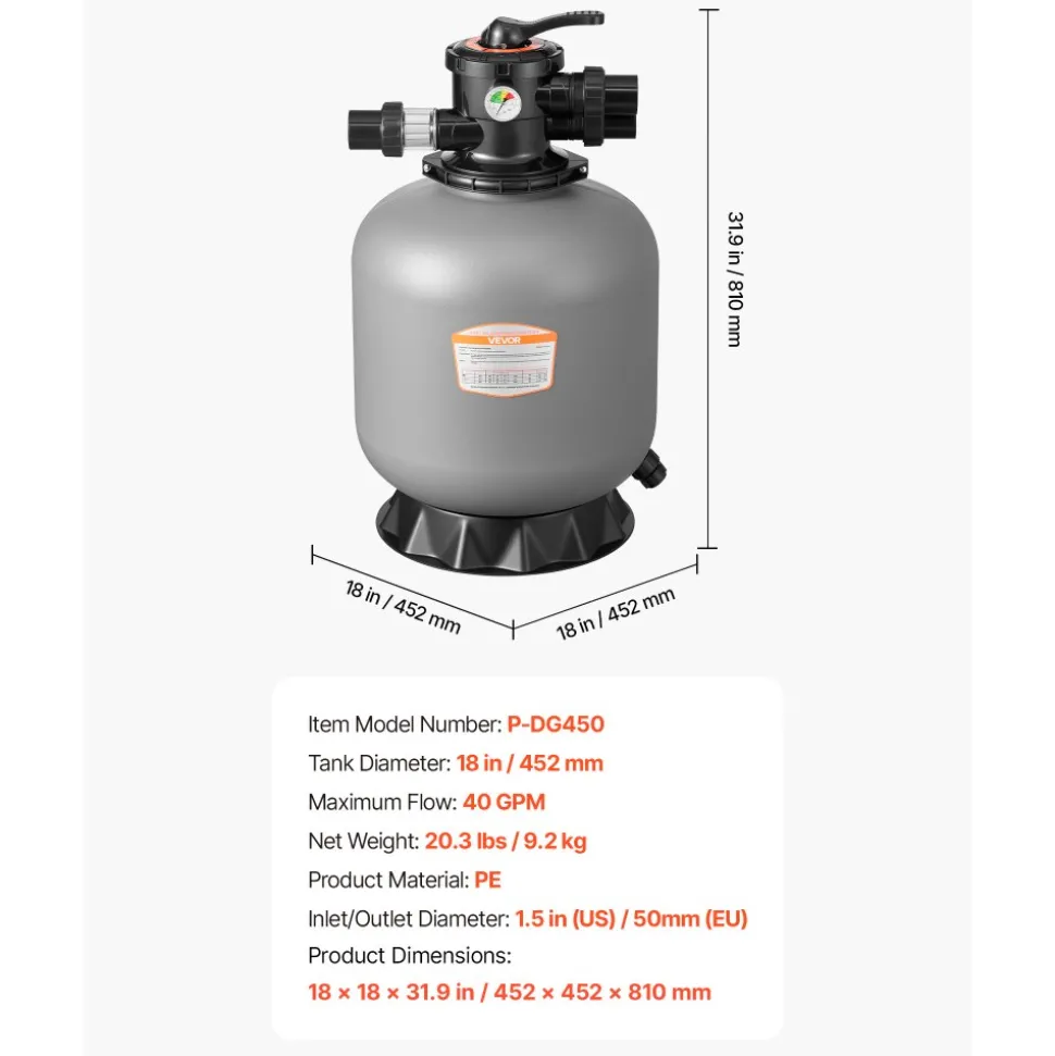 VEVOR Sand Filter, 18-Inch, 40 GPM Above Inground Swimming Pool Sand Filter System, with 7-Way Multi-Port Valve, Backwash, Rinse, Recirculate, Waste, Winter, Closed Modes, for Above In Ground Pools