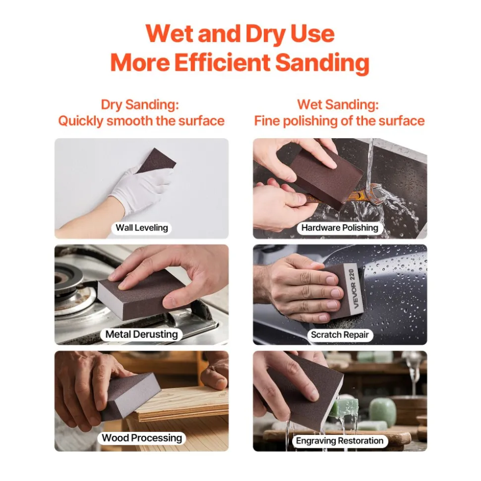 VEVOR Sanding Sponge, 10 Pcs, 60/80/120/180/220 Grit Assortment(2 Each), Washable and Reusable Sanding Blocks for Dry & Wet Use, Coarse to Fine Sandpaper Blocks, for Drywall Wood Metal Furniture