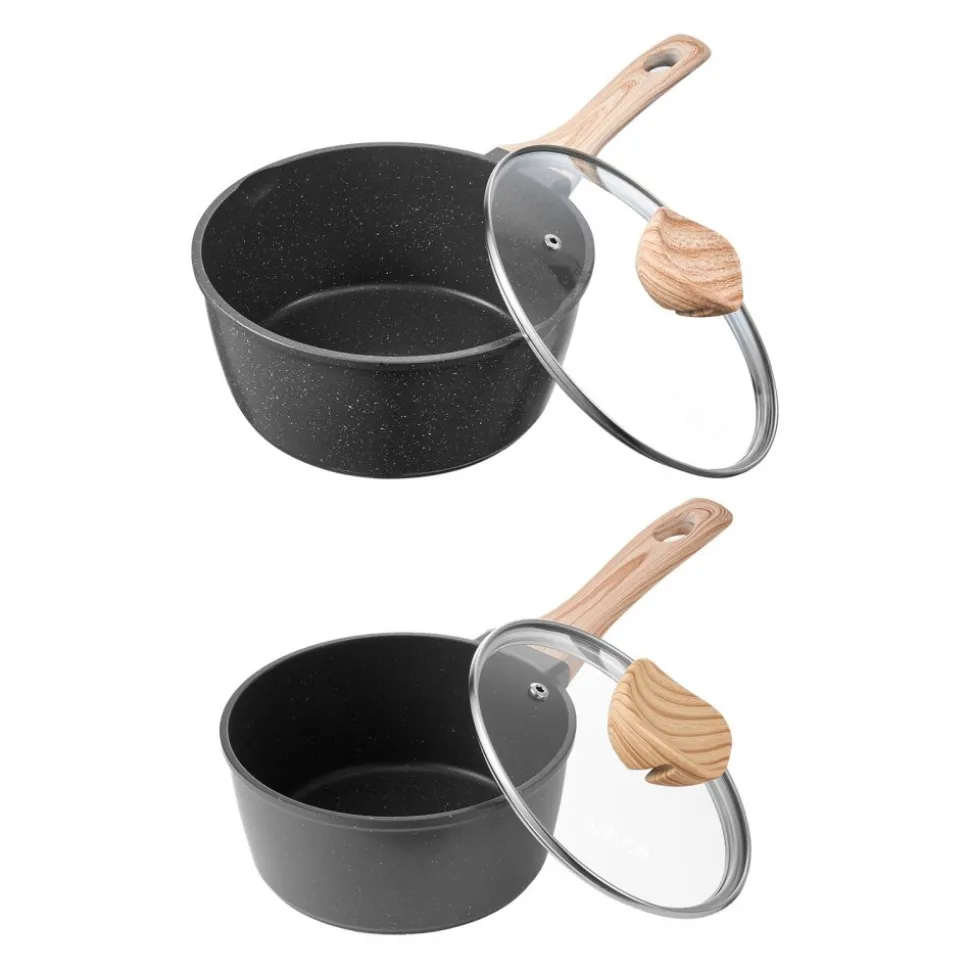 VEVOR Saucepan Set, 1.5 QT & 2.5 QT Nonstick Saucepan with Glass Lids, Multipurpose Cooking Sauce Pots with Detachable Handles, Sauce Pan Kitchen Cooking Pot with Coating, Induction Compatible, Black