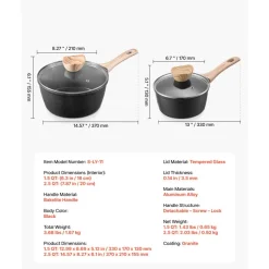 VEVOR Saucepan Set, 1.5 QT & 2.5 QT Nonstick Saucepan with Glass Lids, Multipurpose Cooking Sauce Pots with Detachable Handles, Sauce Pan Kitchen Cooking Pot with Coating, Induction Compatible, Black