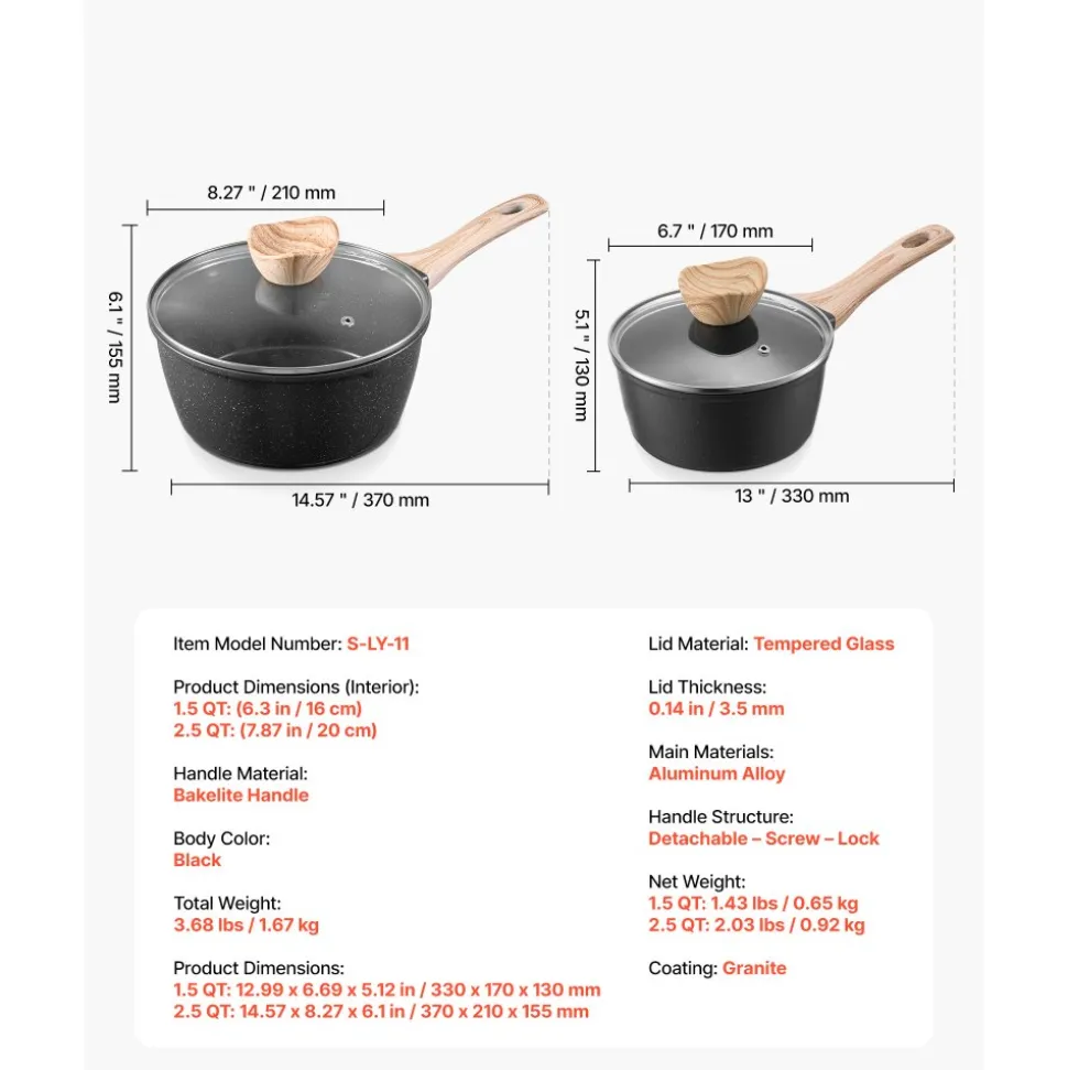 VEVOR Saucepan Set, 1.5 QT & 2.5 QT Nonstick Saucepan with Glass Lids, Multipurpose Cooking Sauce Pots with Detachable Handles, Sauce Pan Kitchen Cooking Pot with Coating, Induction Compatible, Black