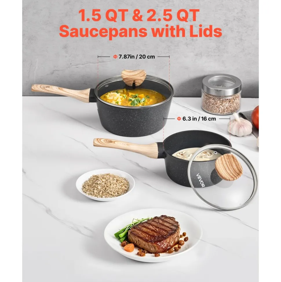 VEVOR Saucepan Set, 1.5 QT & 2.5 QT Nonstick Saucepan with Glass Lids, Multipurpose Cooking Sauce Pots with Detachable Handles, Sauce Pan Kitchen Cooking Pot with Coating, Induction Compatible, Black