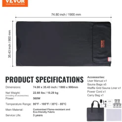 VEVOR Sauna Blanket for Detoxification, Portable Far Infrared Sauna for Home, PU Sauna Bag w/  Therapy Stones & Carbon Fiber Heating, 1-6 Level Adjustable Temp 95-185℉, 1-60 Minutes Timer, 75 x 35in