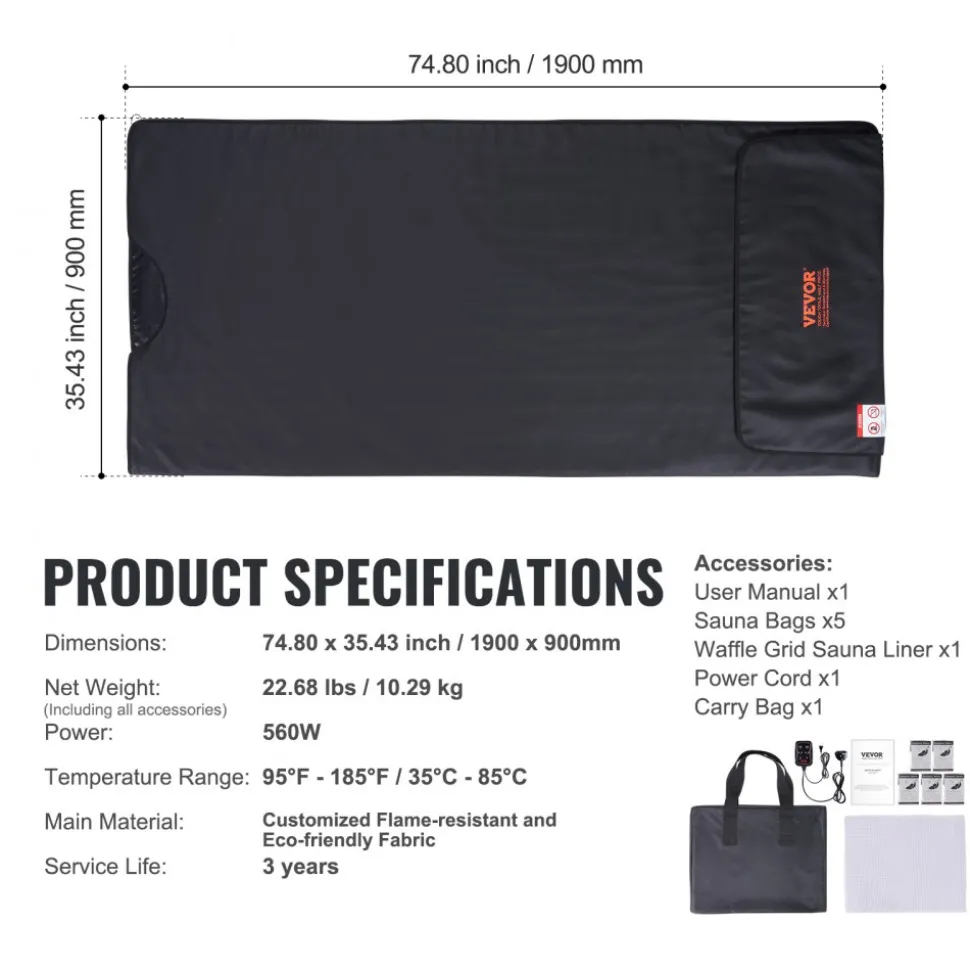 VEVOR Sauna Blanket for Detoxification, Portable Far Infrared Sauna for Home, PU Sauna Bag w/ Therapy Stones & Carbon Fiber Heating, 1-6 Level Adjustable Temp 95-185℉, 1-60 Minutes Timer, 75 x 35in