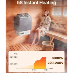 VEVOR Sauna Heater, 6KW 220V Electric Sauna Stove, Steam Bath Sauna Heater with Built-In Controls, 3h Timer and Adjustable Temp for Max. 176-318 Cubic Feet, Home Hotel Spa Shower Use