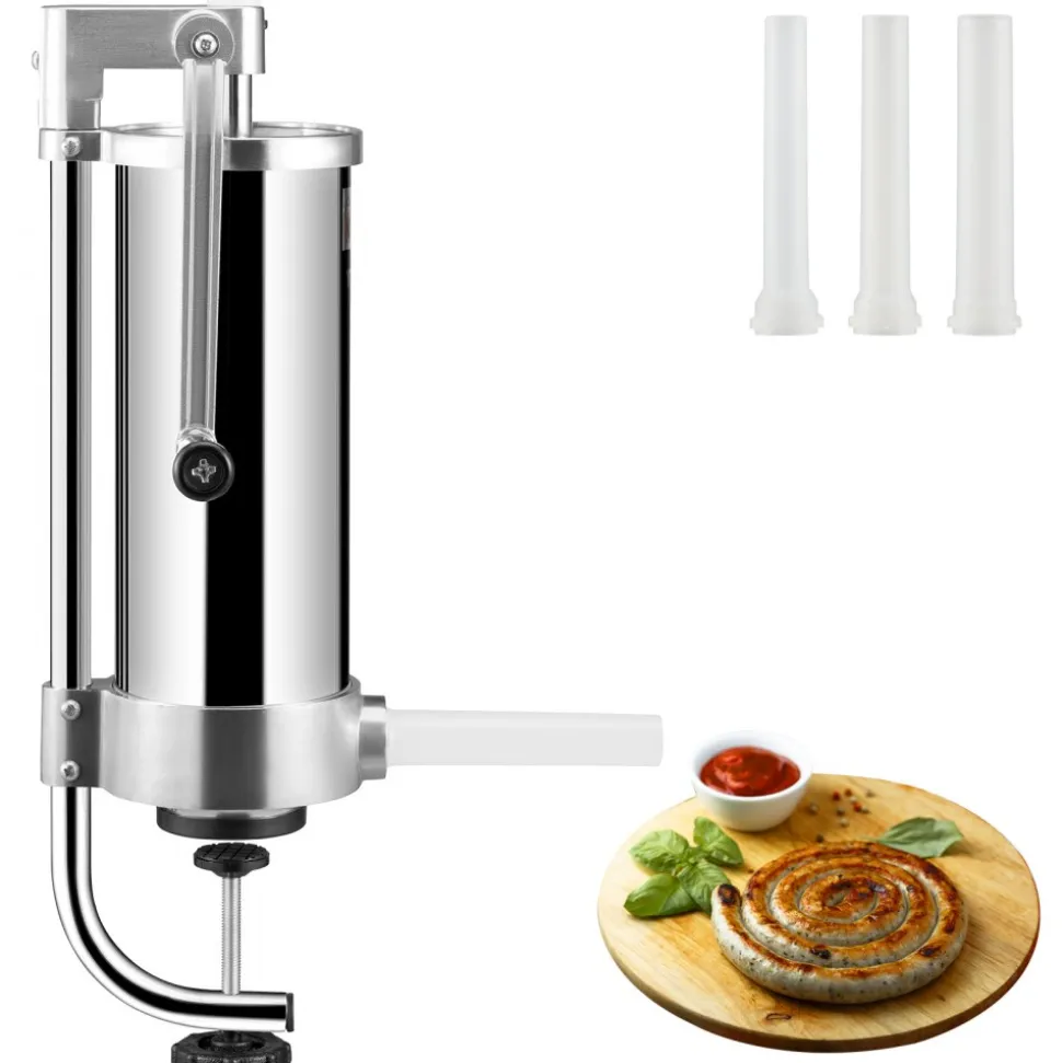 VEVOR Sausage Stuffer, 5LBS/3L Capacity, 304 Stainless Steel Vertical Sausage Stuffer, Sausage Filling Machine with 3 Stuffing Tubes, Suction Base and Manual Crank for Household or Commercial Use