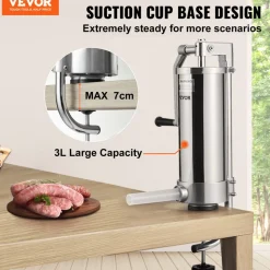 VEVOR Sausage Stuffer, 5LBS/3L Capacity, 304 Stainless Steel Vertical Sausage Stuffer, Sausage Filling Machine with 3 Stuffing Tubes, Suction Base and Manual Crank for Household or Commercial Use